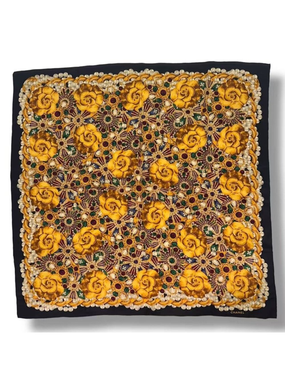 Chanel Scarf Silk Gripoix Gemstone Floral Black Gold